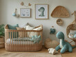 © MAN - Stylish Nursery Photo With Rattan Crib, Wooden Toys, and Dinosaur Decor