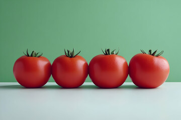 Wall Mural - Four Red Tomatoes Photo on a Green Backgroud