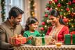 © Selena Moore - Family, winter holidays and people concept - happy Indian mother, father and daughter opening gift box at home on Christmas. High quality photo