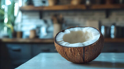 Wall Mural - Freshly Opened Coconut Photo on a Kitchen Table