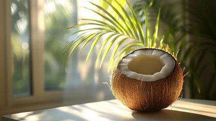 Wall Mural - Fresh Coconut Photo on Sunny Windowsill