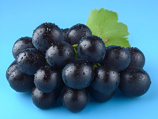 Wall Mural - Photo of Fresh Black Grapes with Water Drops on Blue Background