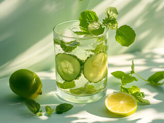 Wall Mural - Refreshing Cucumber Mint Water Photo with Lime