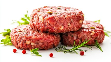 Raw hamburgers made from ground beef isolated on a white background