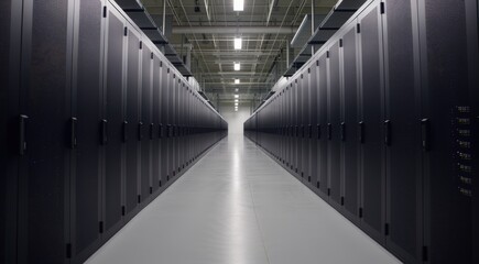 A clean, modern data center corridor lined with tall, dark server cabinets, creating a symmetrical perspective leading to bright light at the far end.