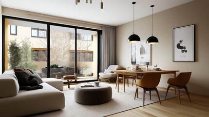 Sticker - Modern living and dining room with large windows overlooking a garden, featuring a beige sofa, wooden dining table, and stylish decor.