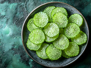 Wall Mural - Photo of Fresh Green Cucumber Slices on a Plate