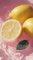 Wall Mural - Lemon Water Refreshment Photo - Lemon, Water, Refreshment, Citrus, Pink, Summer, Drink, Slice, Fruit, Mint