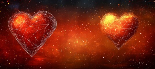 Wall Mural - two geometric low poly style red hearts, one with fiery substance, on red universe nebula background