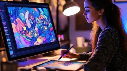 Creative Woman Using Graphics Pen on Digital Tablet for Fantasy Artwork in Dimly Lit Workspace