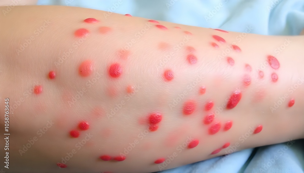 Chicken Food Rash Blistering rash on arm or leg, possibly chicken pox with copy space ...