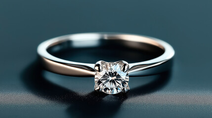 Close-up of a solitaire diamond engagement ring with a polished metal band on a dark reflective surface.