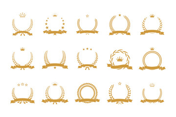 Wall Mural - gold award laurel wreath set vector illustration with ribbon, stars, crown and empty place for name 