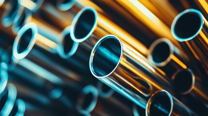 Close up of stack of stainless steel pipes. Metallurgy industry concept. Generative AI