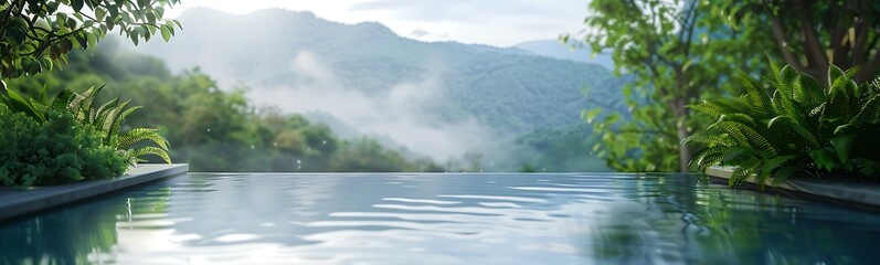 Poster - A serene, misty landscape featuring a tranquil pool surrounded by lush greenery and mountains under a bright sky.