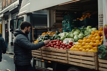 Wall Mural - A bustling market scene featuring a man selecting fresh produce. Vibrant colors of fruits and vegetables create an inviting atmosphere. Generative AI