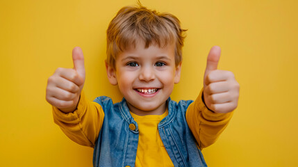 Wall Mural - Portrait of a happy small Caucasian boy in front of a yellow background, giving a thumbs-up. The image represents childhood growth and achievement.