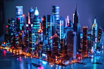 Wall Mural - A cityscape with buildings and skyscrapers illuminated at night, perfect for use in urban or architectural projects