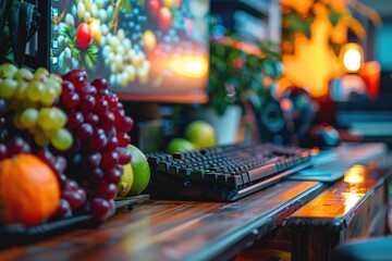 Wall Mural - A variety of fresh fruits sit on a wooden table, perfect for still life photography or as a prop for food styling