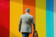 © Fotograf - A man in a suit walks past a vibrant and colorful wall, perfect for use in corporate or business settings