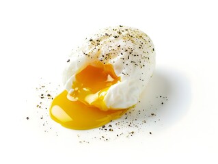 perfectly poached egg with runny yolk oozing out on clean white background