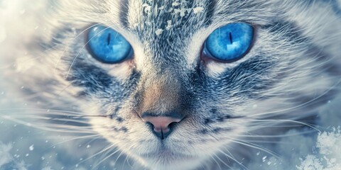 Sticker - A close-up view of a domestic cat's face with bright blue eyes