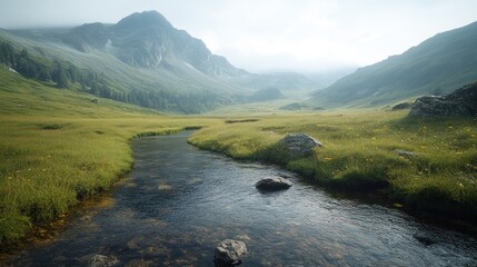 Wall Mural - A winding river flows through a misty mountain valley.