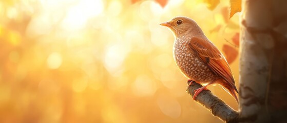 Wall Mural -  A bird sits on a tree branch against a backdrop of yellow and orange autumn leaves