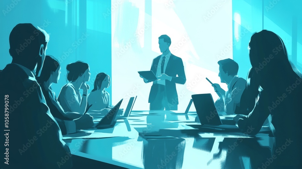Silhouetted figures of professionals with digital devices in a blue-themed conference room