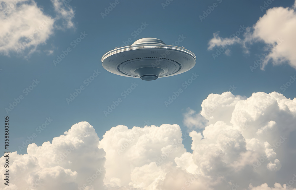 Flying saucer. A spaceship of aliens among the clouds in the sky ...