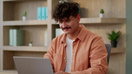 Business worker male businessman Caucasian guy man office employee designer architect manager smiling working complete tasks online studying laptop browsing internet computer programming in office