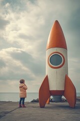 Wall Mural - a young boy stands beside a massive rocket, inspiring imagination and curiosity