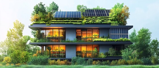 Modern eco-friendly building with solar panels and lush greenery.