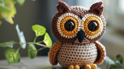 A charming crocheted owl with oversized round eyes sits comfortably among green foliage, representing creativity and art in a delightful and crafty way.