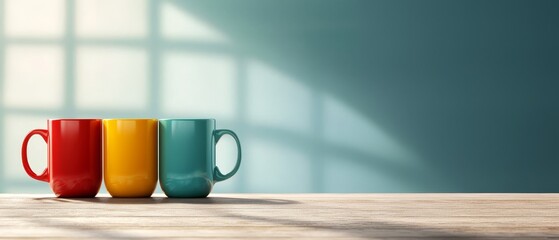 Wall Mural -  Three coffee mugs arranged on a wooden table, behind them, a blue and green wall