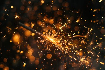 Wall Mural - a close-up shot of a sparkler emitting sparks on a dark, black background