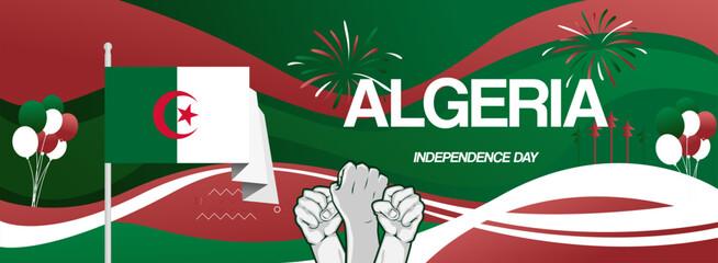 Algeria independence day festive banner. Vibrant modern templates for holiday celebration, greeting card, billboard, and sport event backdrops. July 5th. Happy national day of Algeria