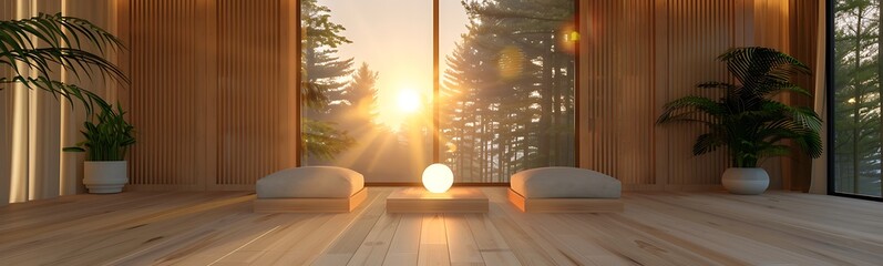 Poster - A serene indoor space featuring natural wood, soft cushions, and plants, illuminated by a warm sunset, ideal for relaxation and mindfulness.