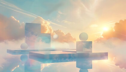 Leinwandbilder - A serene landscape featuring geometric shapes reflecting in a calm body of water, under a dreamy sky filled with clouds and soft sunlight.