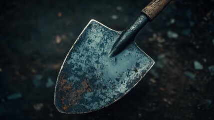 A close-up shot of the shovel's blade, capturing the metal texture and scratches, with the handle softly blurred behind.