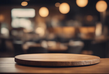 Empty wood table top of round on blur restaurant background product display montage