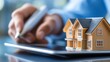 © pisan thailand - 3D House Model on Tablet for Real Estate Planning and Investment Concepts  Miniature home model on digital tablet screen representing residential property mortgage construction