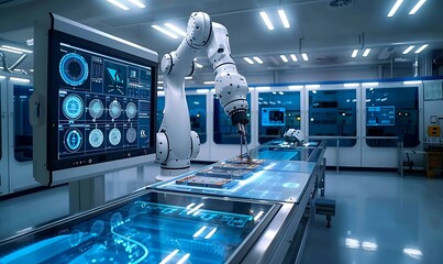 Aufkleber - A high-tech laboratory featuring a robotic arm, digital displays, and advanced technology for precision tasks.