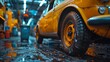 © Dmitry - A classic yellow vehicle sits in a puddled garage, reflecting warm light among tools and machinery that hint at skilled craftsmanship