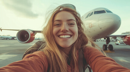 A joyful caucasian woman in an orange top takes a selfie at the airport with a white airplane in the background, eagerly anticipating her upcoming travel adventure.