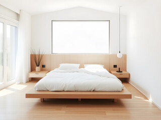 Interior of modern bedroom with white walls, wooden floor, white master bed with two bedside tables and horizontal mock up poster.