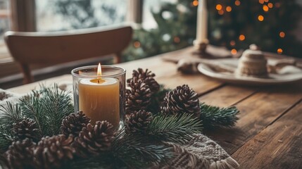 serene natural scene on a table with cozy holiday essentials, creating a tranquil atmosphere perfect