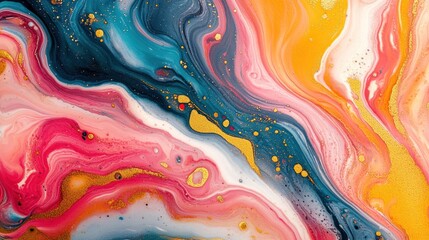Wall Mural - Abstract colorful background with swirling, flowing patterns in shades of blue, yellow, red, and pink with golden flecks.