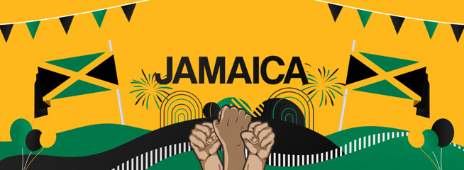 Jamaica independence day festive banner. Vibrant modern templates for holiday celebration, greeting card, billboard, and sport event backdrops. August 6th. Happy national day of Jamaica