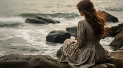 ocean woman sitting by water